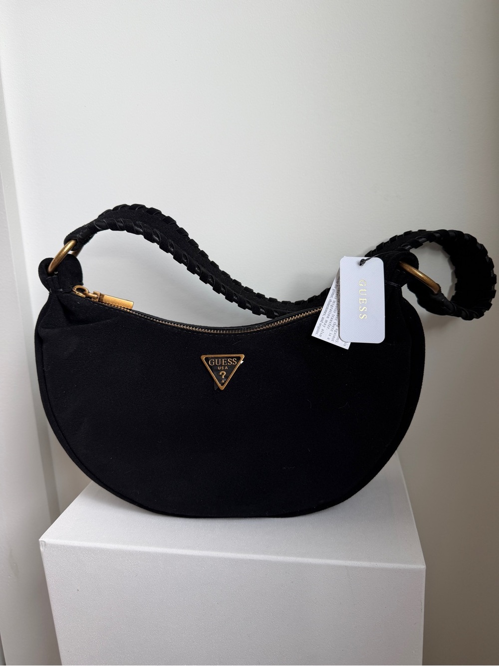 Guess Black Crescent Hobo Shoulder Bag with Braided Strap
